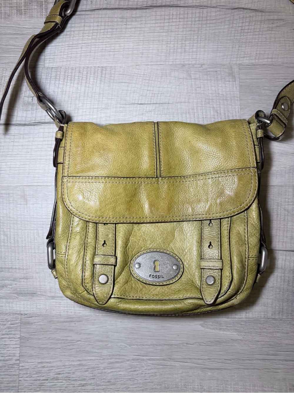 Fossil Olive Green Leather Crossbody Bag Vintage Distressed Satchel - Picture 2 of 13